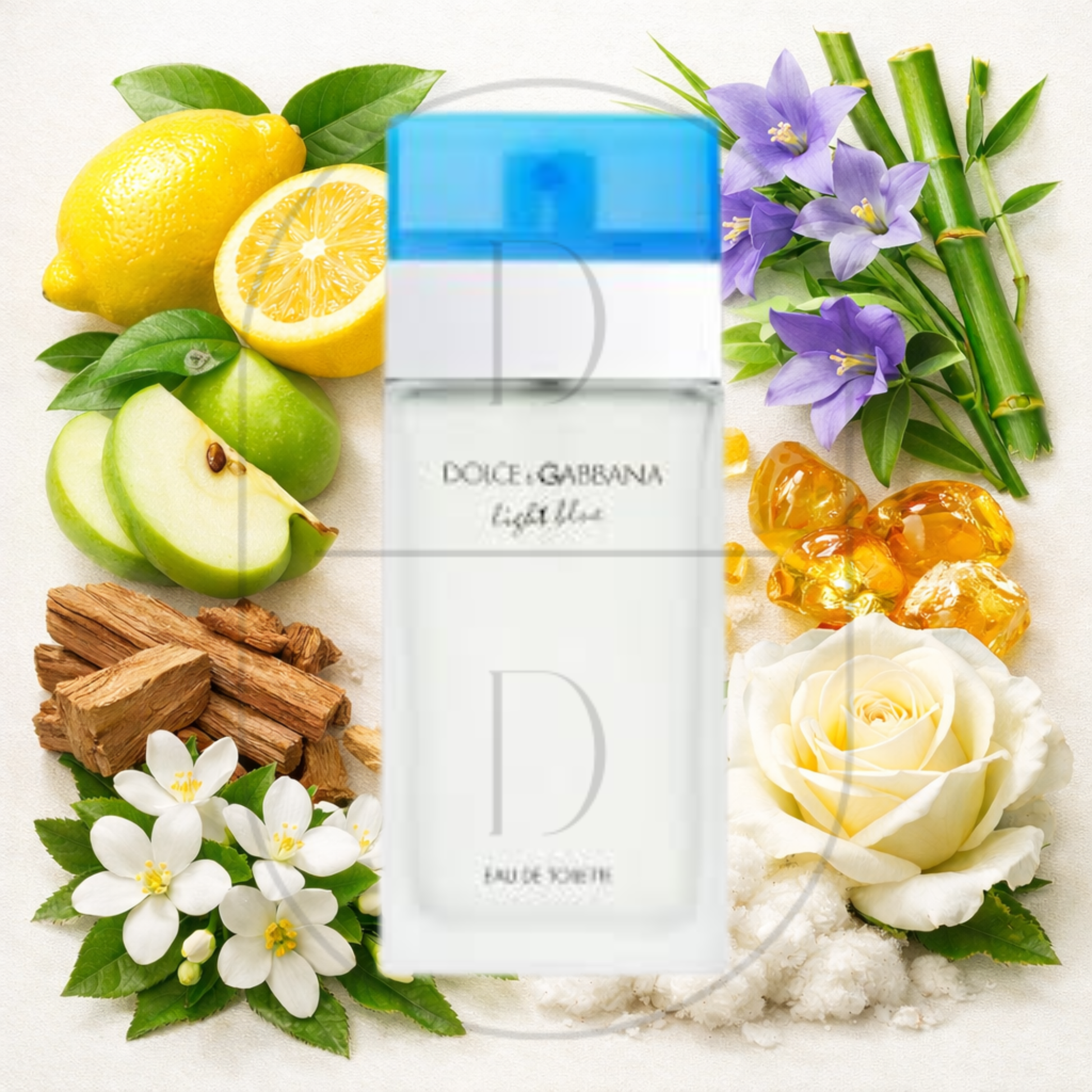 Dolce&Gabbana Light Blue perfume bottle surrounded by top, middle, and bottom fragrance notes on a light background. Affordable samples delivered from Greenville, SC. 