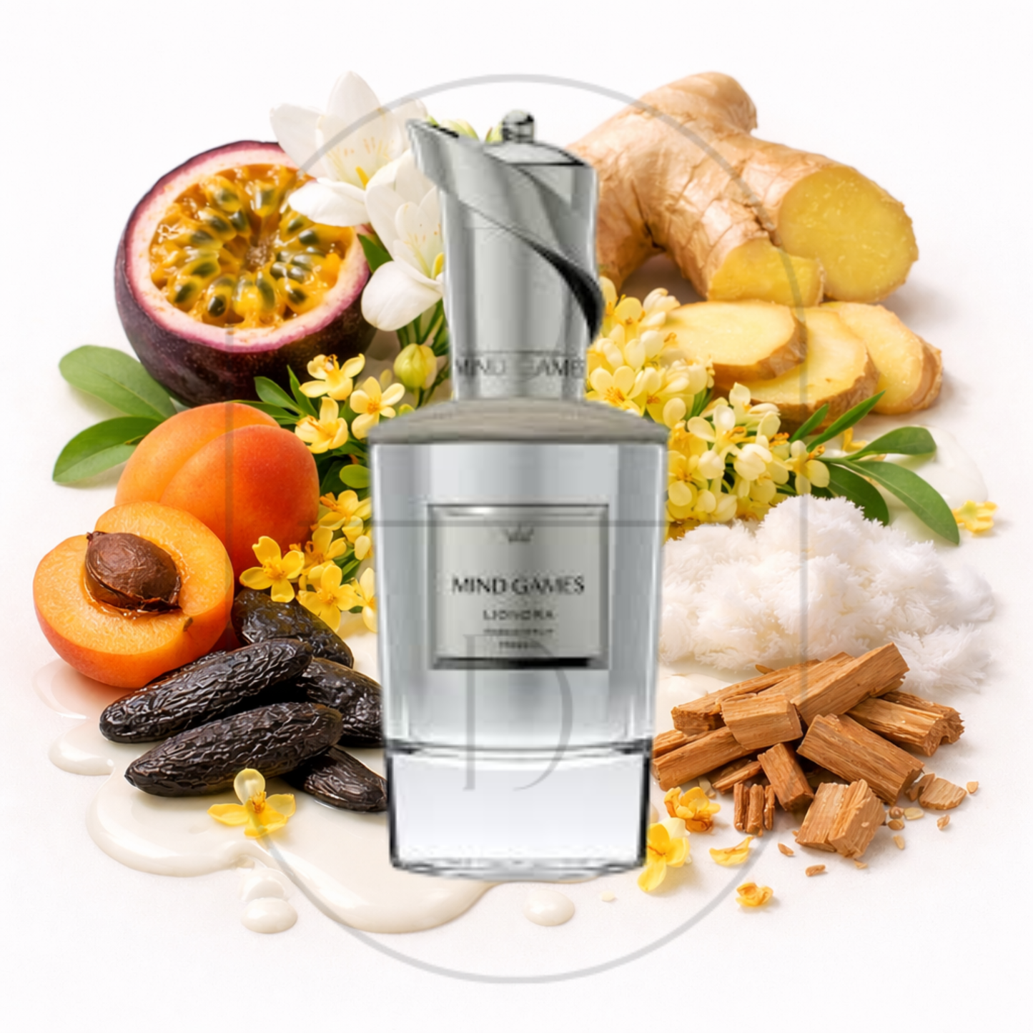 Mind Games Lionora perfume bottle surrounded by top, middle, and bottom fragrance notes on a light background. Affordable samples delivered from Greenville, SC. 