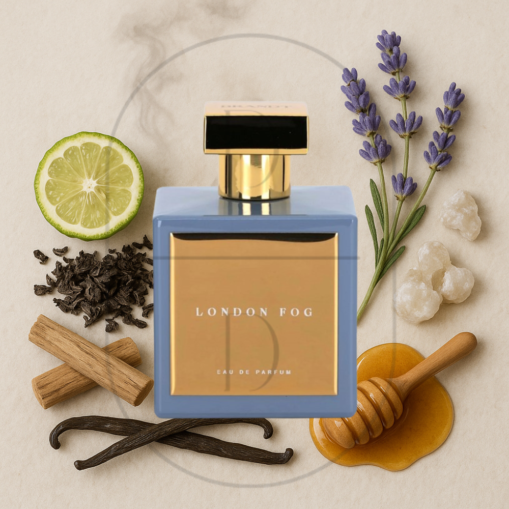 House of Brandt London Fog perfume bottle surrounded by top, middle, and bottom fragrance notes on a light background. Affordable samples delivered from Greenville, SC. 