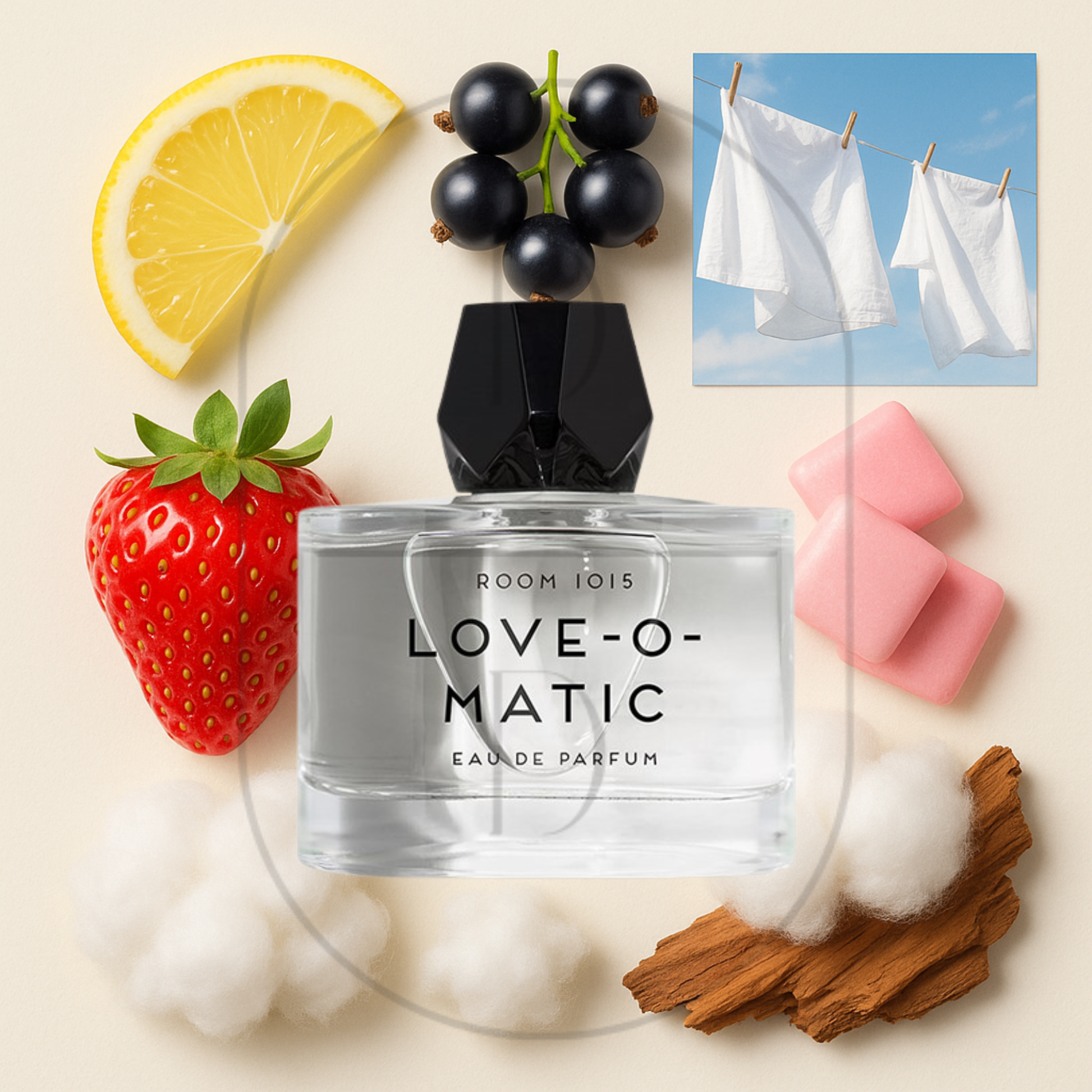 Love-O-Matic by Room 1015 perfume bottle surrounded by top, middle, and bottom fragrance notes on a light background. Affordable samples delivered from Greenville, SC. 