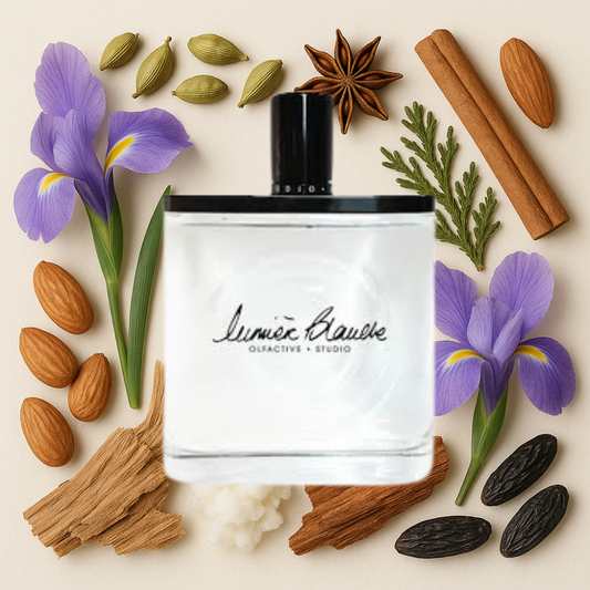 Lumiere Blanche perfume surrounded by iris, almonds, anise, cardamom, tonka and woods. Perfume decants available online. We ship from Greenville, SC.