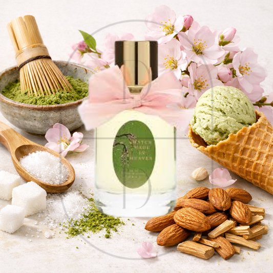 Sorce Match Made in Heaven perfume bottle surrounded by top, middle, and bottom fragrance notes on a light background. Affordable samples delivered from Greenville, SC. 