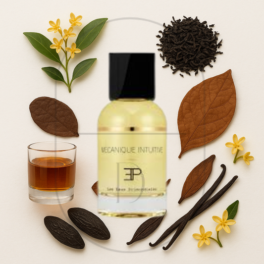 Les EAUX Primordiales Mecanique Intuitive perfume bottle surrounded by top, middle, and bottom fragrance notes on a light background. Affordable samples delivered from Greenville, SC. 