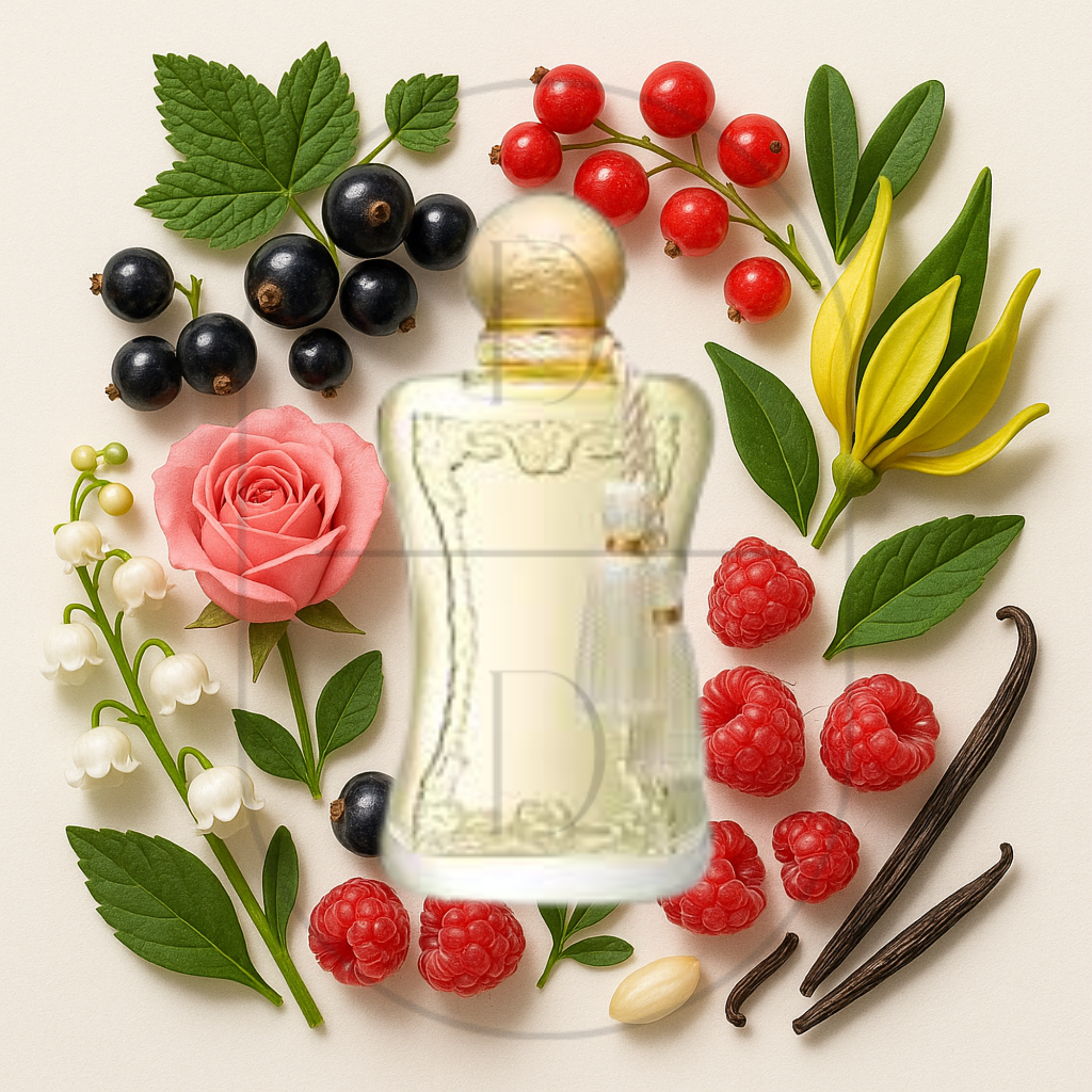 Parfums de Marley Meliora perfume bottle surrounded by top, middle, and bottom fragrance notes on a light background. Affordable samples delivered from Greenville, SC. 