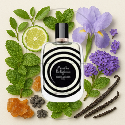 Roos & Roos Mentha Religiosa perfume bottle surrounded by top, middle, and bottom fragrance notes on a light background. Affordable samples delivered from Greenville, SC. 