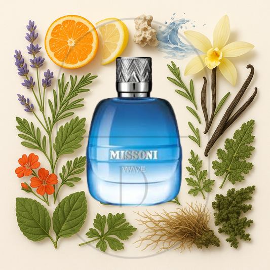 Missoni Wave by Missoni perfume bottle surrounded by top, middle, and bottom fragrance notes on a light background. Affordable samples delivered from Greenville, SC. 