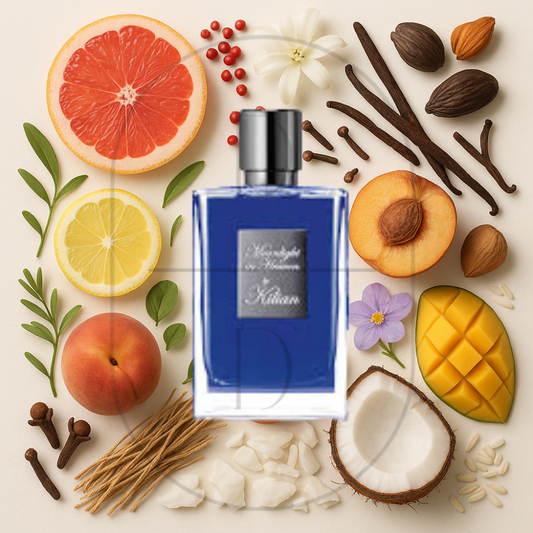 By Kilian Moonlight in Heaven perfume bottle surrounded by top, middle, and bottom fragrance notes on a light background. Affordable samples delivered from Greenville, SC. 