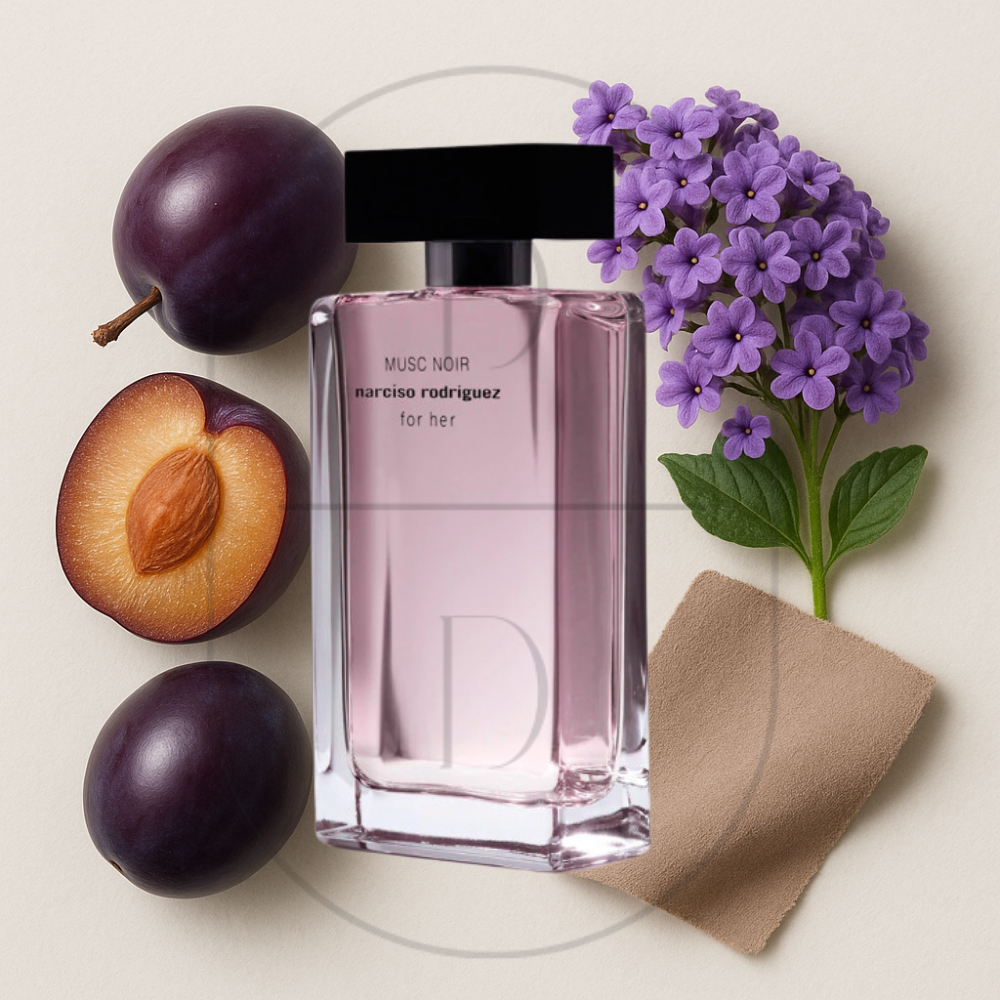 Narciso Rodriguez Musc Noir For Her perfume bottle surrounded by top, middle, and bottom fragrance notes on a light background. Affordable samples delivered from Greenville, SC. 