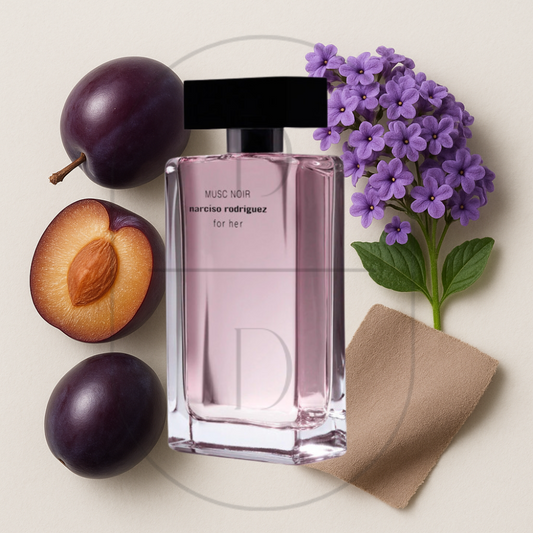 Narciso Rodriguez Musc Noir For Her perfume bottle surrounded by top, middle, and bottom fragrance notes on a light background. Affordable samples delivered from Greenville, SC. 