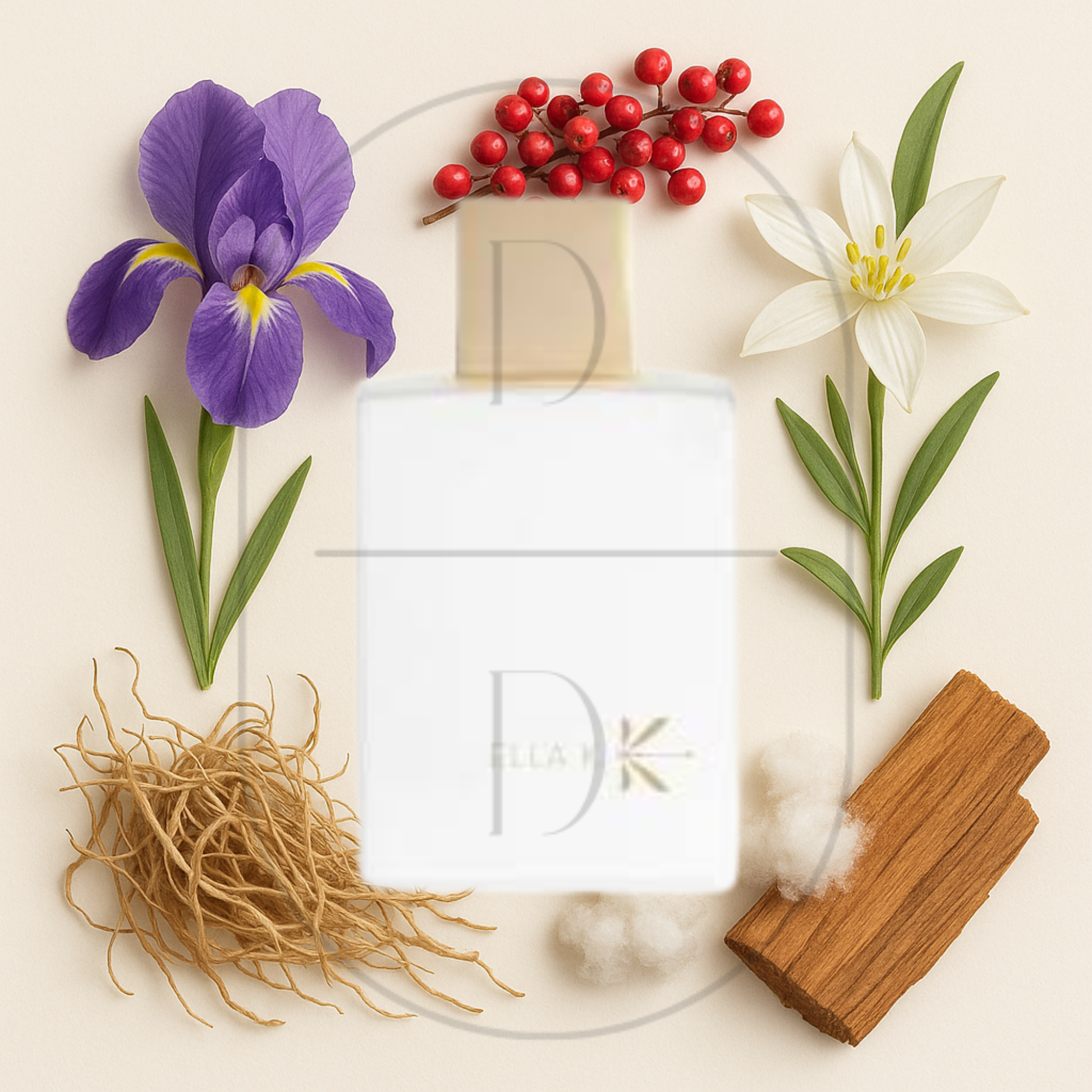 Musc K by Ella K perfume bottle surrounded by top, middle, and bottom fragrance notes on a light background. Affordable samples delivered from Greenville, SC. 