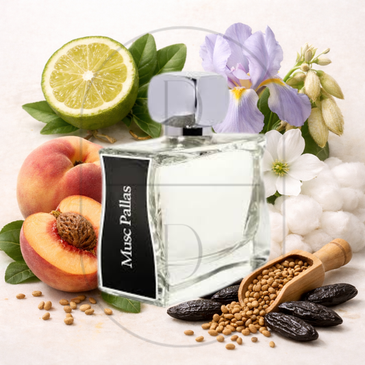 Jovoy Paris Musc Pallas perfume bottle surrounded by top, middle, and bottom fragrance notes on a light background. Affordable samples delivered from Greenville, SC. 