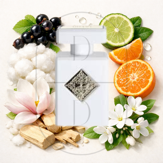 Initio Parfums Prives Musk Therapy perfume bottle surrounded by top, middle, and bottom fragrance notes on a light background. Affordable samples delivered from Greenville, SC. 