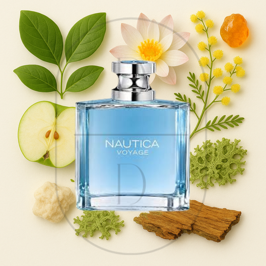 Nautica Voyage by Nautica perfume bottle surrounded by top, middle, and bottom fragrance notes on a light background. Affordable samples delivered from Greenville, SC. 