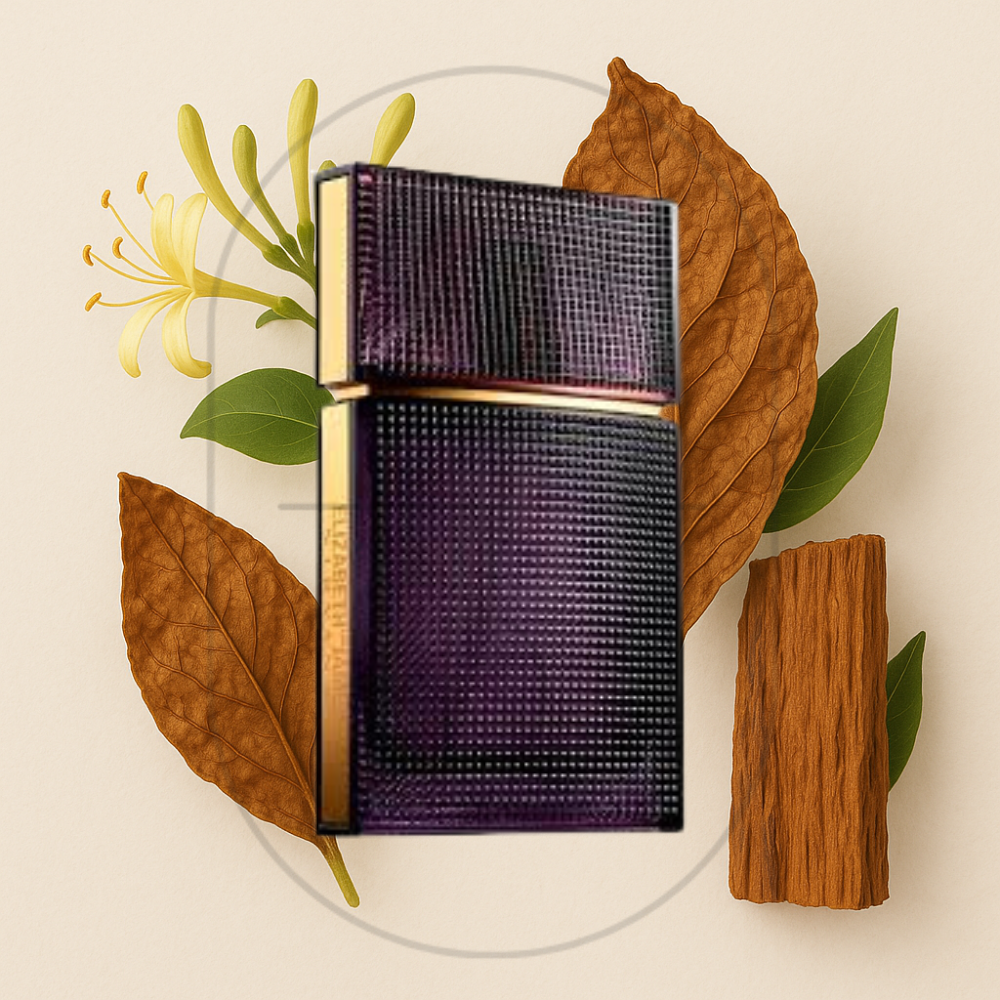 Elizabeth & James Nirvana Amethyst perfume bottle surrounded by top, middle, and bottom fragrance notes on a light background. Affordable samples delivered from Greenville, SC. 