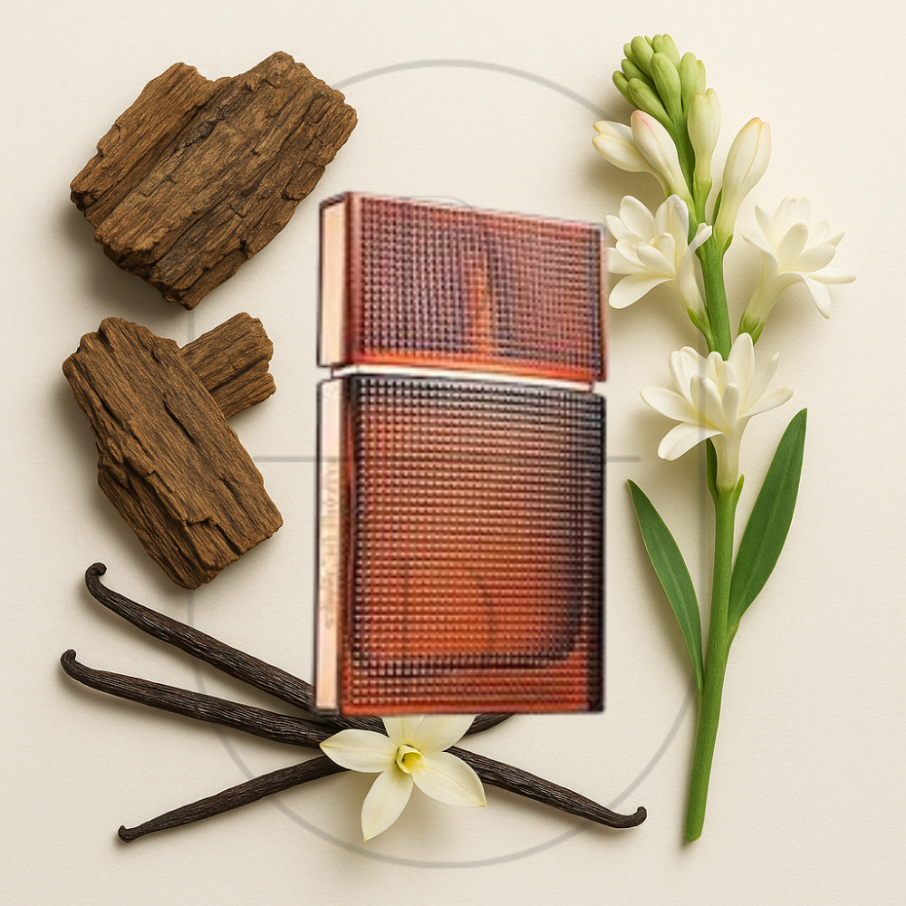 Elizabeth & James Nirvana Bourbon perfume bottle surrounded by top, middle, and bottom fragrance notes on a light background. Affordable samples delivered from Greenville, SC. 