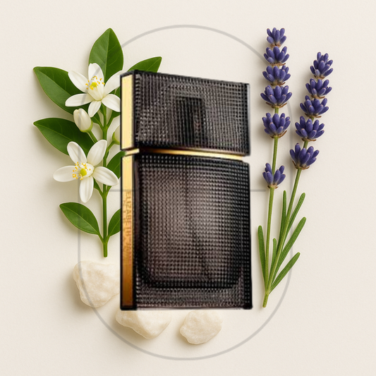 Elizabeth & James Nirvana French Grey perfume bottle surrounded by top, middle, and bottom fragrance notes on a light background. Affordable samples delivered from Greenville, SC. 