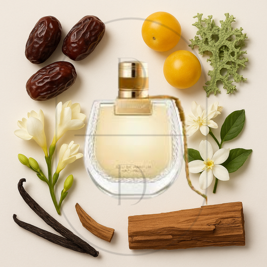 Chloé Nomade Naturelle perfume bottle surrounded by top, middle, and bottom fragrance notes on a light background. Affordable samples delivered from Greenville, SC. 
