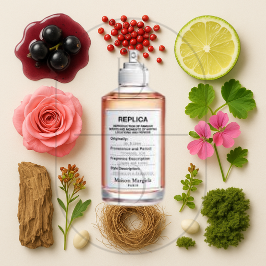 Replica On A Date by Maison Margiela perfume bottle surrounded by top, middle, and bottom fragrance notes on a light background. Affordable samples delivered from Greenville, SC. 