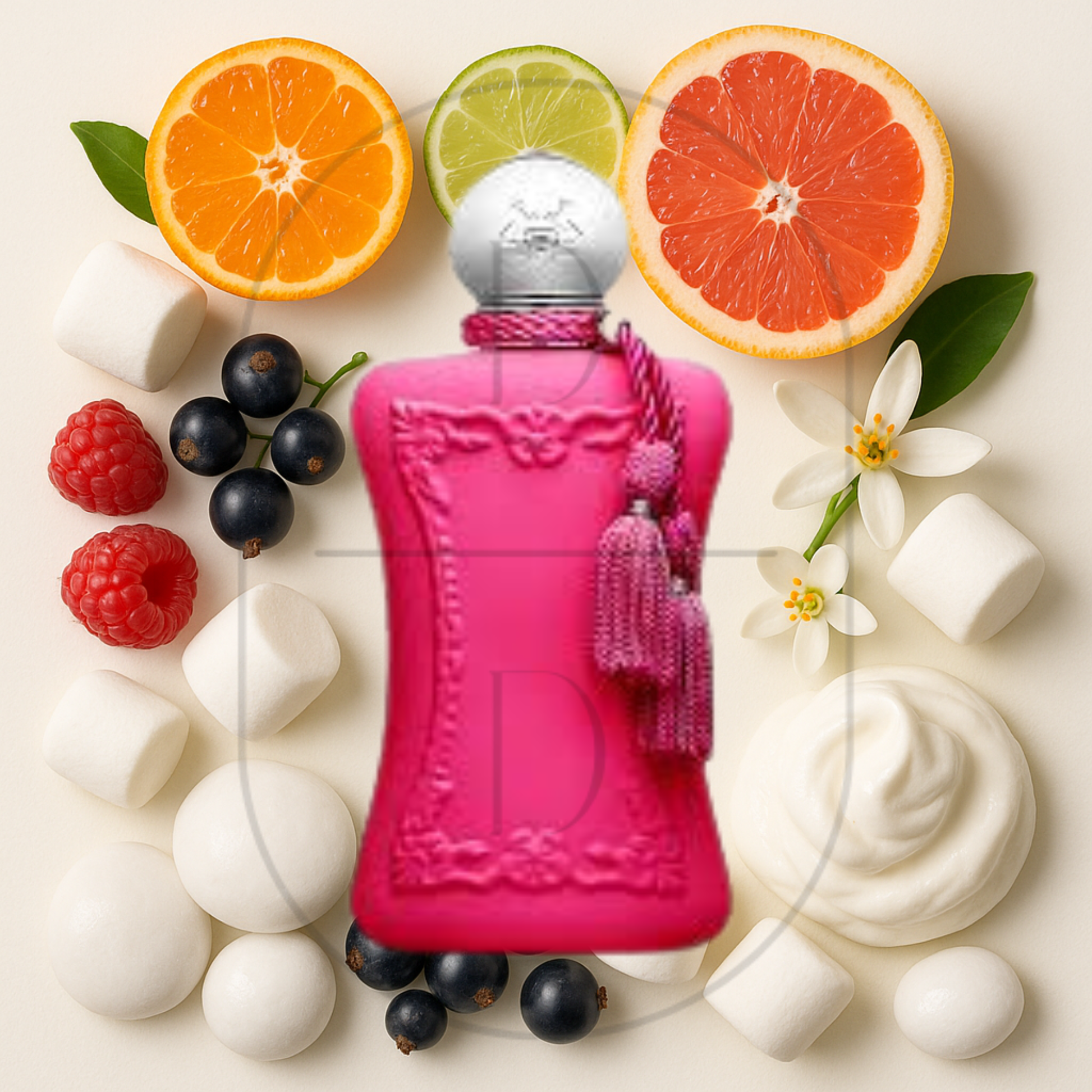 Parfums de Marly Oriana perfume bottle surrounded by top, middle, and bottom fragrance notes on a light background. Affordable samples delivered from Greenville, SC. 