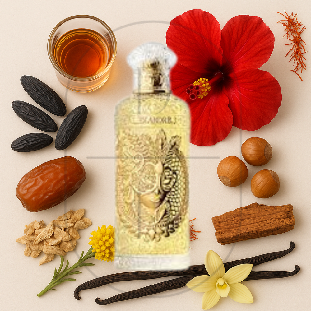 J.Alexandre ORiental Enigma perfume bottle surrounded by top, middle, and bottom fragrance notes on a light background. Affordable samples delivered from Greenville, SC. 