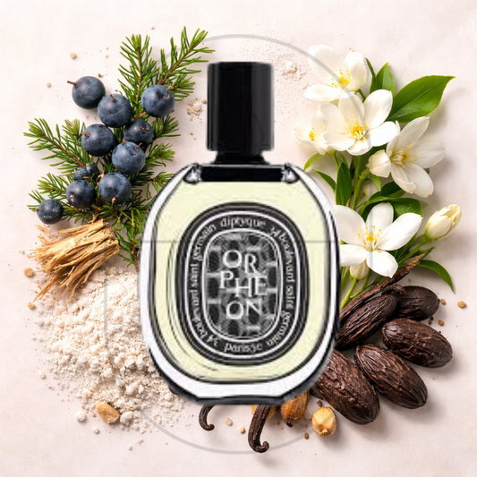 Diptyque Orphéon perfume bottle surrounded by top, middle, and bottom fragrance notes on a light background. Affordable samples delivered from Greenville, SC. 