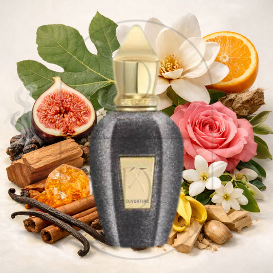 Xerjoff Ouverture perfume bottle surrounded by top, middle, and bottom fragrance notes on a light background. Affordable samples delivered from Greenville, SC. 