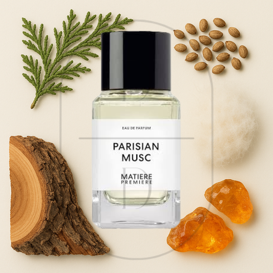 Matiere Premiere Parisian Musc perfume bottle surrounded by top, middle, and bottom fragrance notes on a light background. Affordable samples delivered from Greenville, SC. 