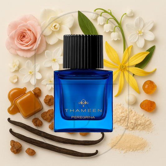 Peregrina by Thameen perfume bottle surrounded by top, middle, and bottom fragrance notes on a light background. Affordable samples delivered from Greenville, SC. 
