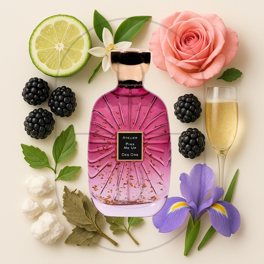 Atelier des Ors Pink Me Up perfume bottle surrounded by top, middle, and bottom fragrance notes on a light background. Affordable samples delivered from Greenville, SC. 