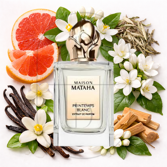 Maison Mataha Printemps Blanc perfume bottle surrounded by top, middle, and bottom fragrance notes on a light background. Affordable samples delivered from Greenville, SC. 