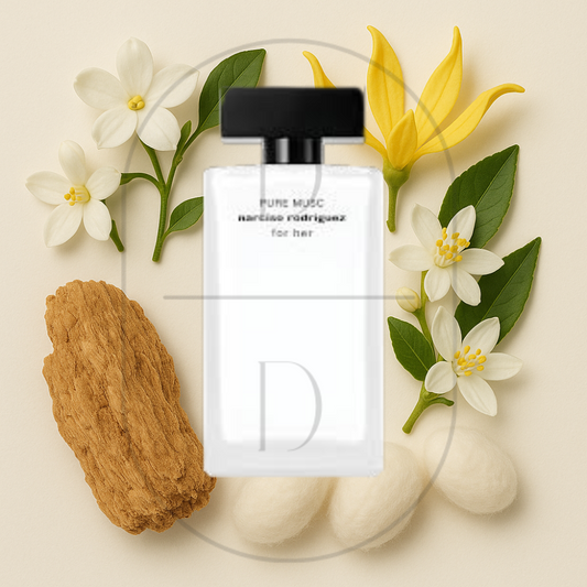 Pure Musc For Her by Narciso Rodriguez perfume bottle surrounded by top, middle, and bottom fragrance notes on a light background. Affordable samples delivered from Greenville, SC. 