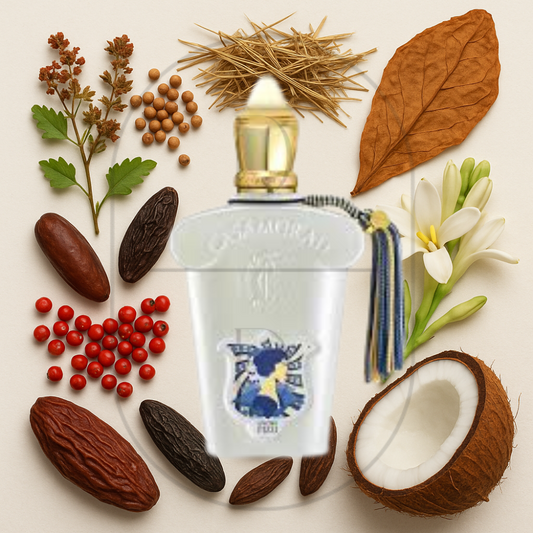 Xerjoff Casamorati Quattro Pizzi perfume bottle surrounded by top, middle, and bottom fragrance notes on a light background. Affordable samples delivered from Greenville, SC. 