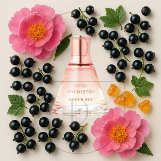 Good Chemistry Queen Bee perfume bottle surrounded by top, middle, and bottom fragrance notes on a light background. Affordable samples delivered from Greenville, SC. 