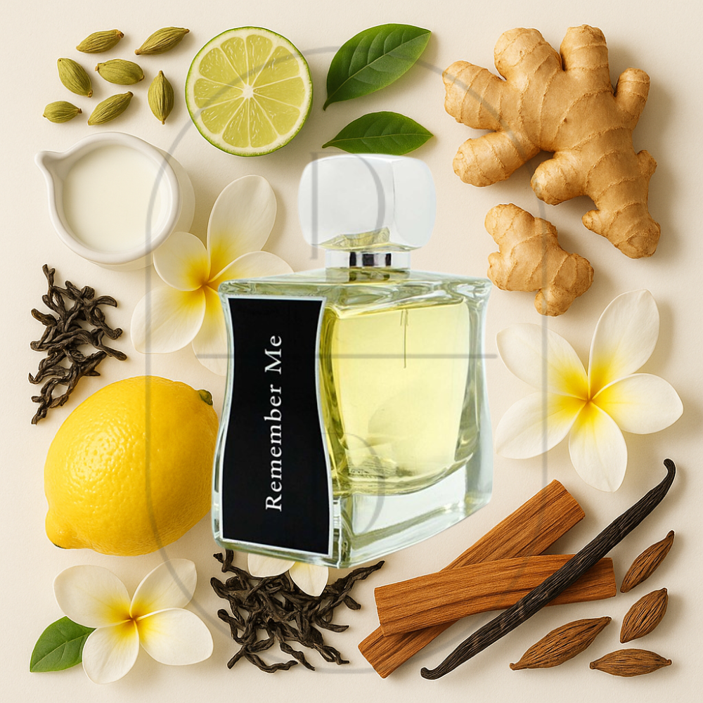 Remember Me by Jovoy Paris perfume bottle surrounded by top, middle, and bottom fragrance notes on a light background. Affordable samples delivered from Greenville, SC. 