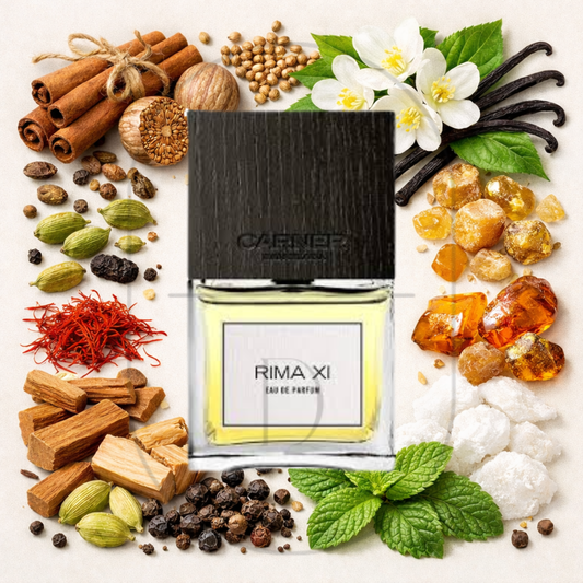 Carner Barcelona Rima XI perfume bottle surrounded by top, middle, and bottom fragrance notes on a light background. Affordable samples delivered from Greenville, SC. 