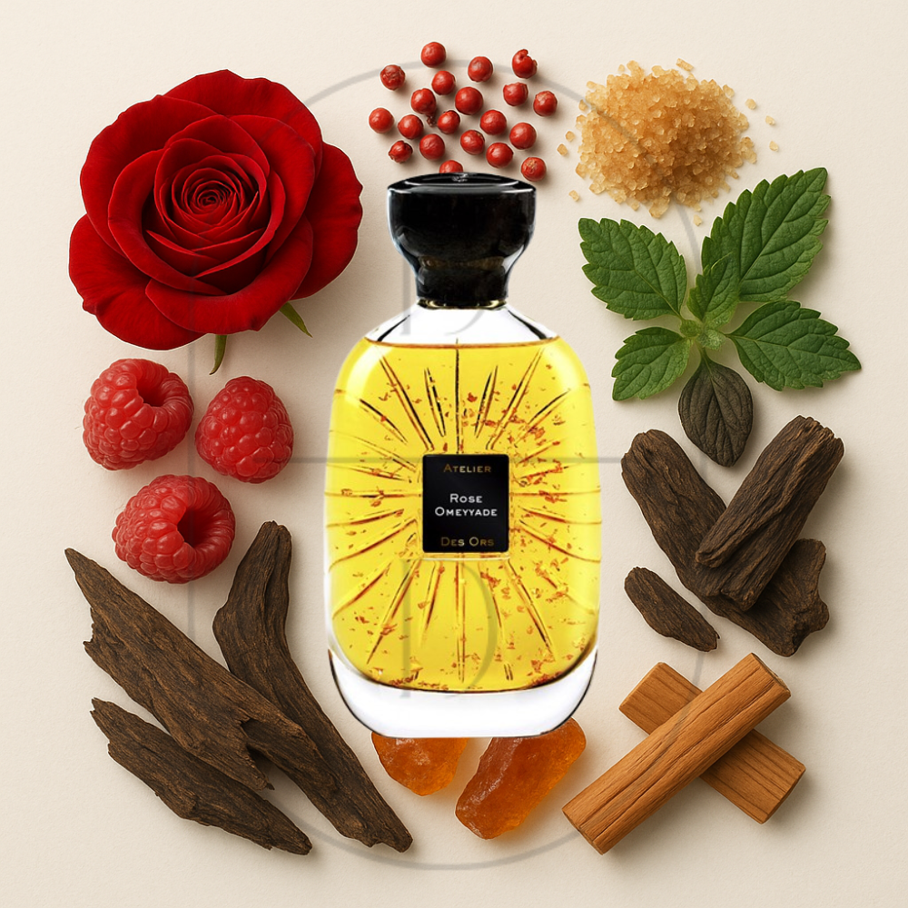 Rose Omeyyade by Atelier des Ors perfume bottle surrounded by top, middle, and bottom fragrance notes on a light background. Affordable samples delivered from Greenville, SC. 
