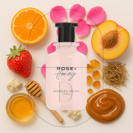 Rose+Honey from Michael Malul London perfume bottle surrounded by top, middle, and bottom fragrance notes on a light background. Affordable samples delivered from Greenville, SC. 