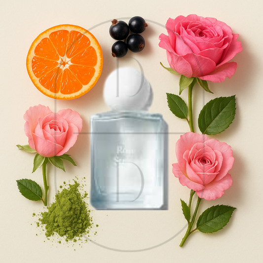 Liis Rose Struck perfume bottle surrounded by top, middle, and bottom fragrance notes on a light background. Affordable samples delivered from Greenville, SC. 