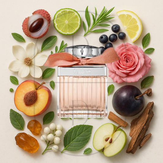 Chloé's Roses de Chloé perfume bottle surrounded by top, middle, and bottom fragrance notes on a light background. Affordable samples delivered from Greenville, SC. 