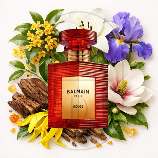 Rouge by Pierre Balmain perfume bottle surrounded by top, middle, and bottom fragrance notes on a light background. Affordable samples delivered from Greenville, SC. 