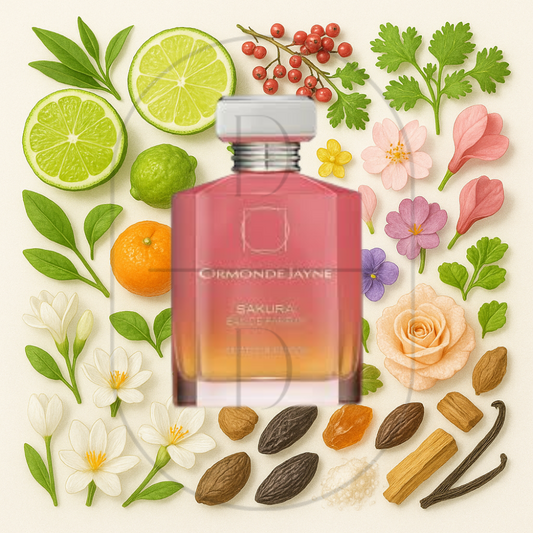 Ormonde Jayne Sakura perfume bottle surrounded by top, middle, and bottom fragrance notes on a light background. Affordable samples delivered from Greenville, SC. 