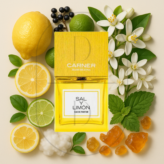 Carner Barcelona Sal y Limon perfume bottle surrounded by top, middle, and bottom fragrance notes on a light background. Affordable samples delivered from Greenville, SC. 