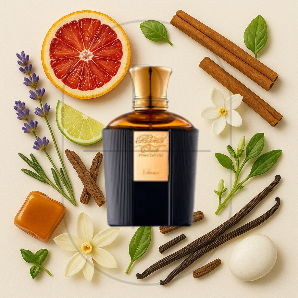 Blend Oud Sana perfume bottle surrounded by top, middle, and bottom fragrance notes on a light background. Affordable samples delivered from Greenville, SC. 