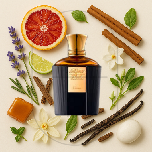 Blend Oud Sana perfume bottle surrounded by top, middle, and bottom fragrance notes on a light background. Affordable samples delivered from Greenville, SC. 