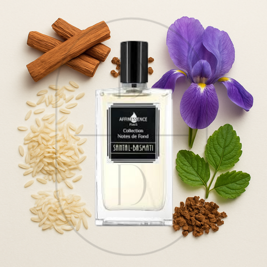 Affinessence Santal Basmati perfume bottle surrounded by top, middle, and bottom fragrance notes on a light background. Affordable samples delivered from Greenville, SC. 