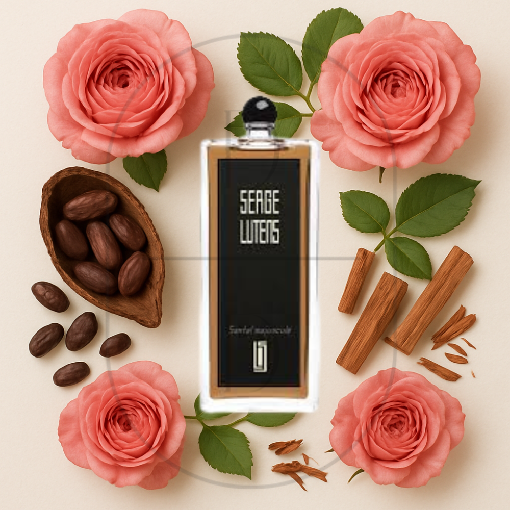 Serge Lutens Santal Majuscule perfume bottle surrounded by top, middle, and bottom fragrance notes on a light background. Affordable samples delivered from Greenville, SC. 