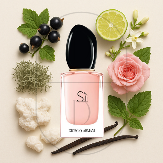 Sì Fiori by Giorgio Armani perfume bottle surrounded by top, middle, and bottom fragrance notes on a light background. Affordable samples delivered from Greenville, SC. 