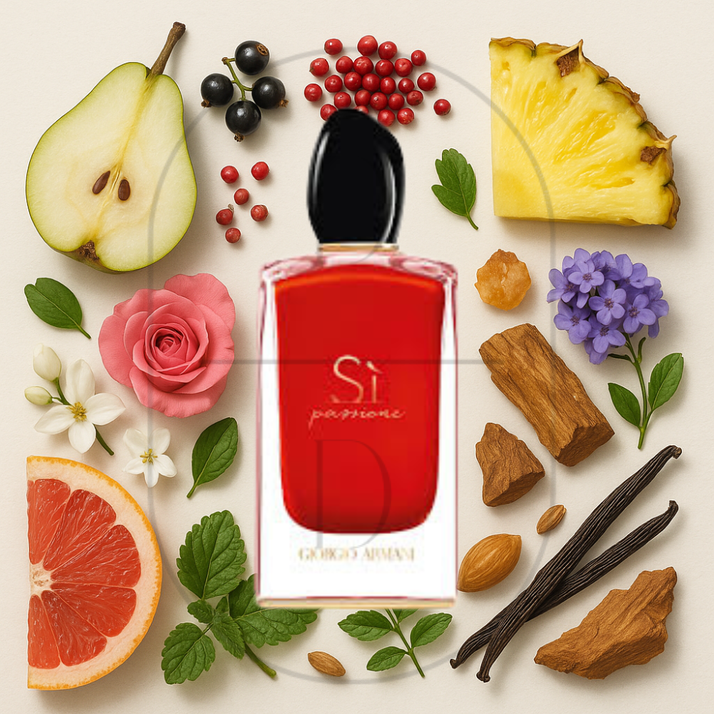 Giorgio Armani Si Passione perfume bottle surrounded by top, middle, and bottom fragrance notes on a light background. Affordable samples delivered from Greenville, SC. 