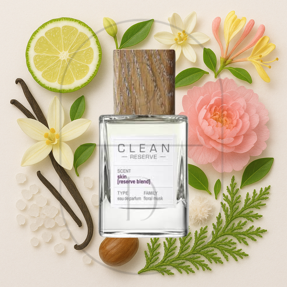 Clean Reserve Skin perfume bottle surrounded by top, middle, and bottom fragrance notes on a light background. Affordable samples delivered from Greenville, SC. 