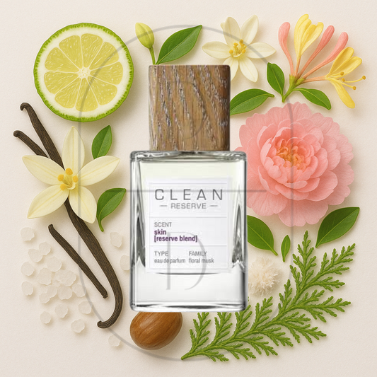 Clean Reserve Skin perfume bottle surrounded by top, middle, and bottom fragrance notes on a light background. Affordable samples delivered from Greenville, SC. 